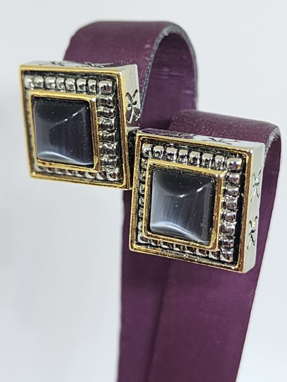 Vintage Art Deco Gray Cats Eye Square Cabochon Heavy Post Quality Earrings
